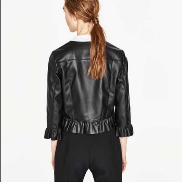 Zara Peplum Ruffled Faux Leather Cropped Zip Up Frill Jacket XS - Picture 3 of 15